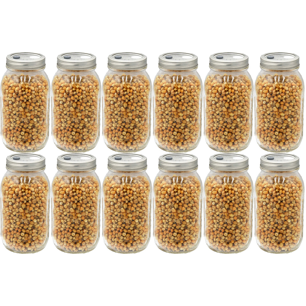 Twelve quart-sized jars filled with fully hydrated and sterilized popcorn grains, arranged in a grid. The jars feature self-healing injection ports on the lids, making them ideal for easy inoculation and efficient mushroom cultivation.