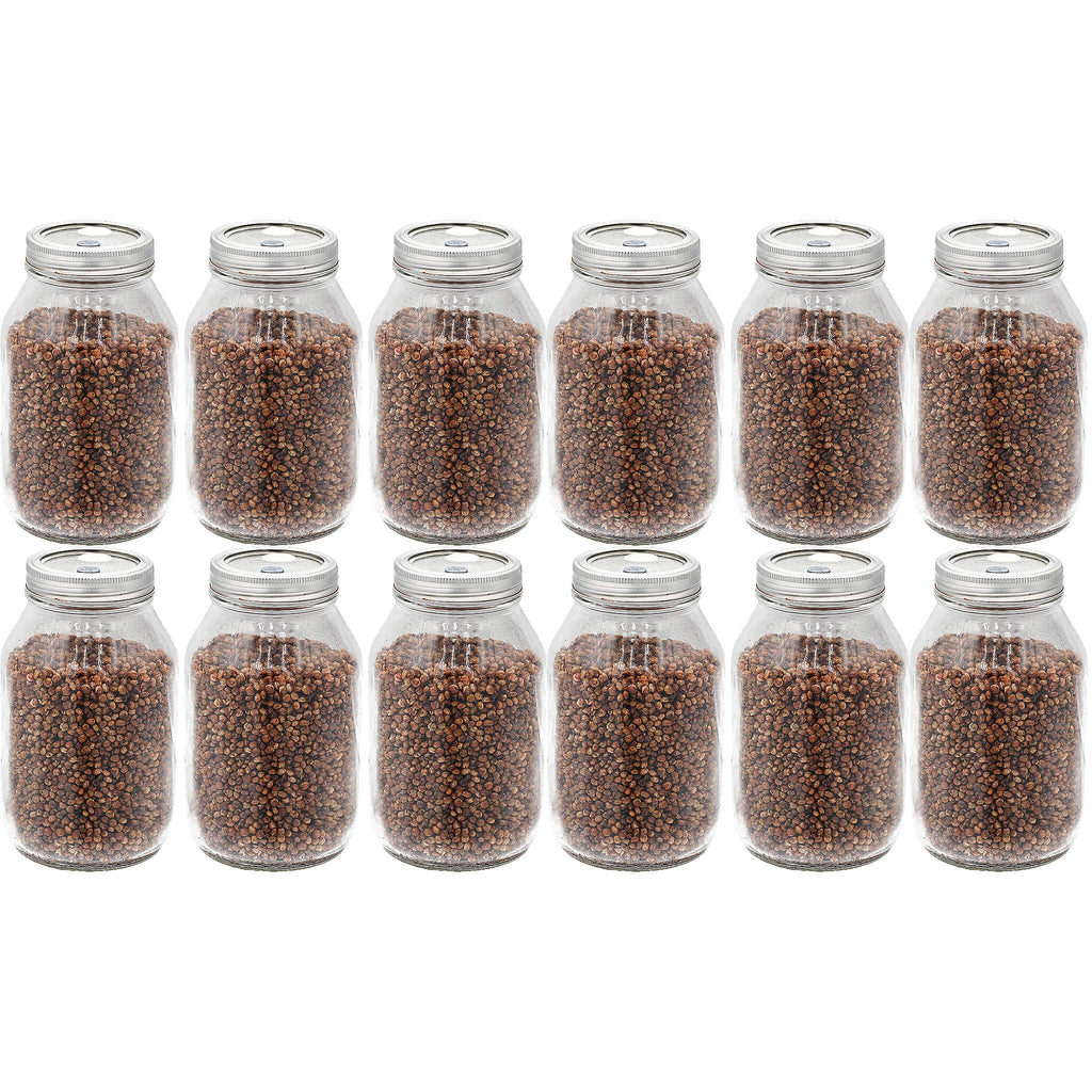 Twelve quart-sized jars filled with fully hydrated and sterilized red milo grains, arranged in a grid. The jars feature self-healing injection ports on the lids, making them ideal for easy inoculation and efficient mushroom cultivation.