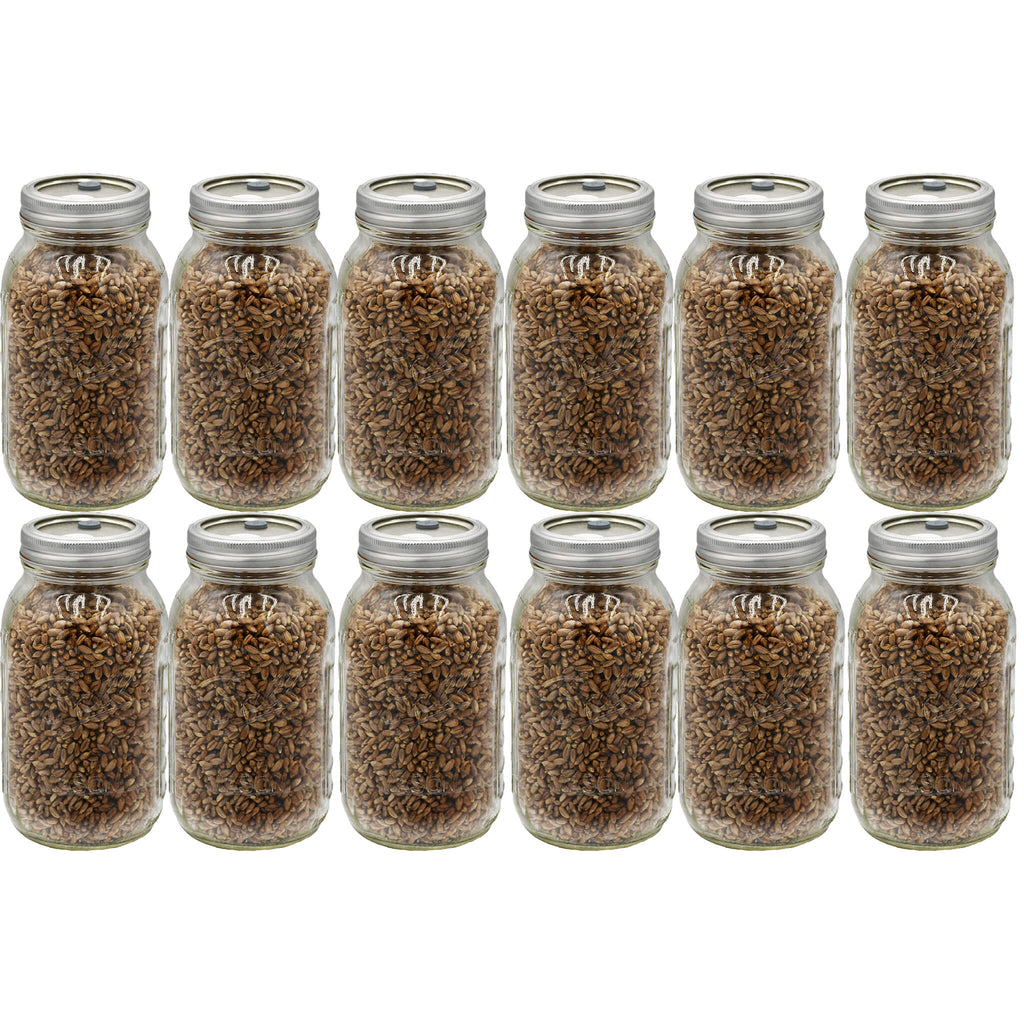 Twelve quart-sized jars filled with fully hydrated and sterilized rye berries, arranged in a grid. The jars feature self-healing injection ports on the lids, making them ideal for mushroom cultivation and inoculation in bulk.