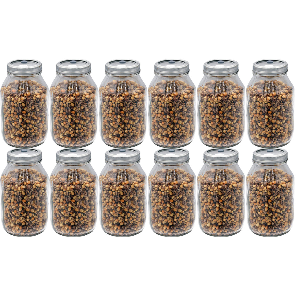 Twelve quart-sized jars filled with a sterilized mix of grains, including rye, milo, and popcorn. The jars are arranged in a grid and feature self-healing injection ports on the lids, designed for easy inoculation and optimal mushroom cultivation.