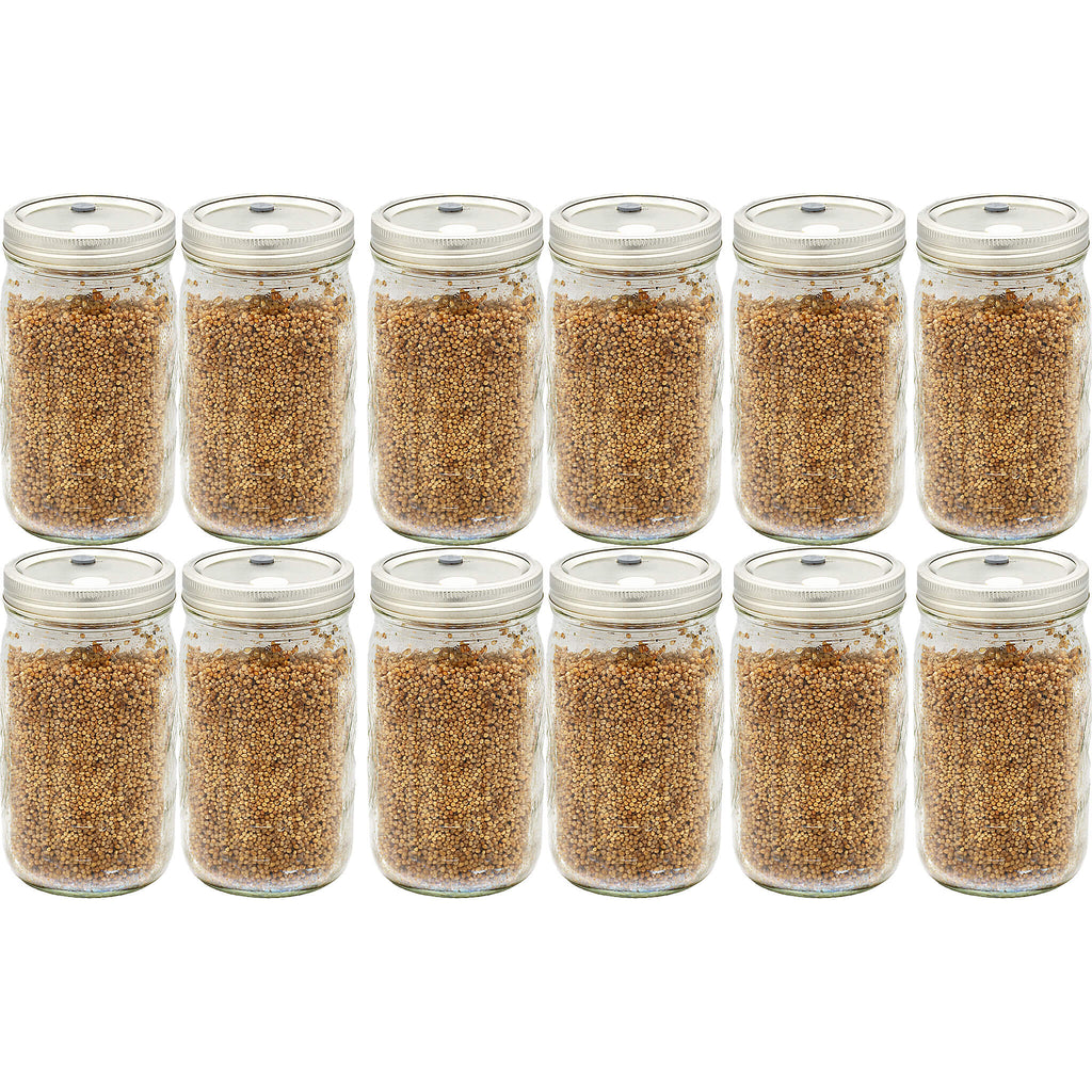 Twelve quart-sized jars filled with fully hydrated and sterilized white millet grains, arranged in a grid. The jars feature self-healing injection ports on the lids, making them ideal for easy inoculation and efficient mushroom cultivation.