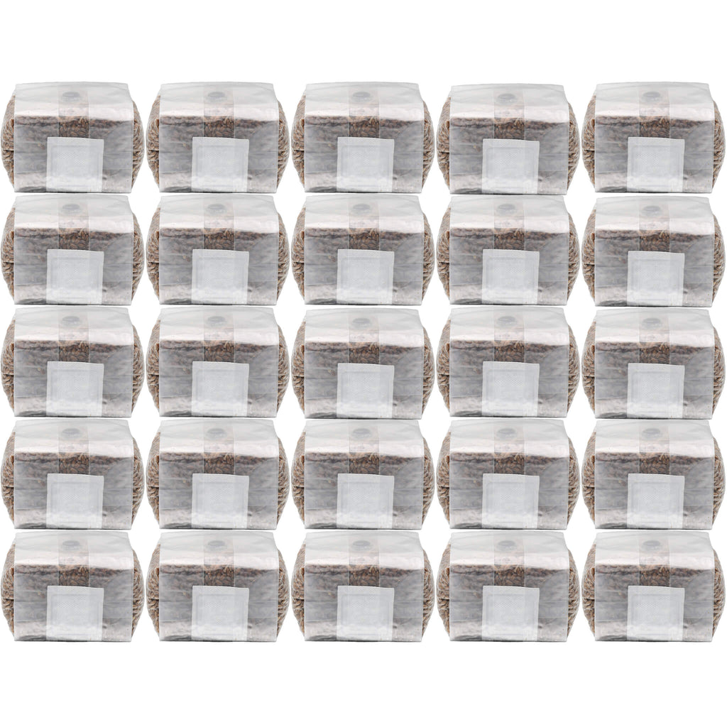 Twenty-five sealed mushroom grow bags, each filled with one pound of fully hydrated and sterilized rye berries. The bags are neatly arranged in a grid, wrapped in clear plastic with visible filter patches, perfect for large-scale mushroom cultivation.