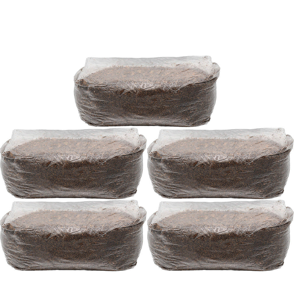 Five sealed mushroom grow bags filled with wood-based mushroom substrate, each weighing five pounds. The bags are tightly wrapped in clear plastic, displaying the finely textured wood fibers used for growing wood-loving mushrooms. Ideal for bulk cultivation.