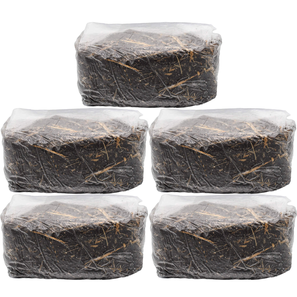 Five sealed rectangular blocks of 50/50 horse manure and straw mushroom substrate, each weighing five pounds. The blocks are tightly packed in clear plastic, showing a dark mixture of organic material with visible straw strands throughout.